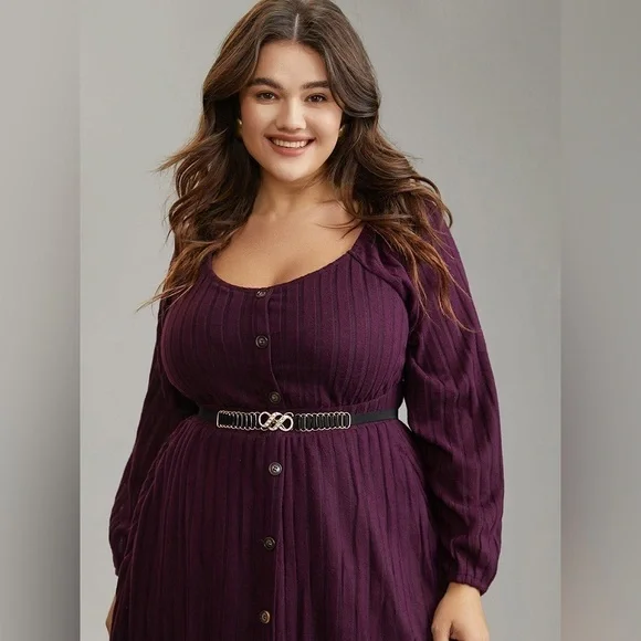 Beautiful plum, purple, ribbed, stretchy midi length dress - Picture 3 of 6